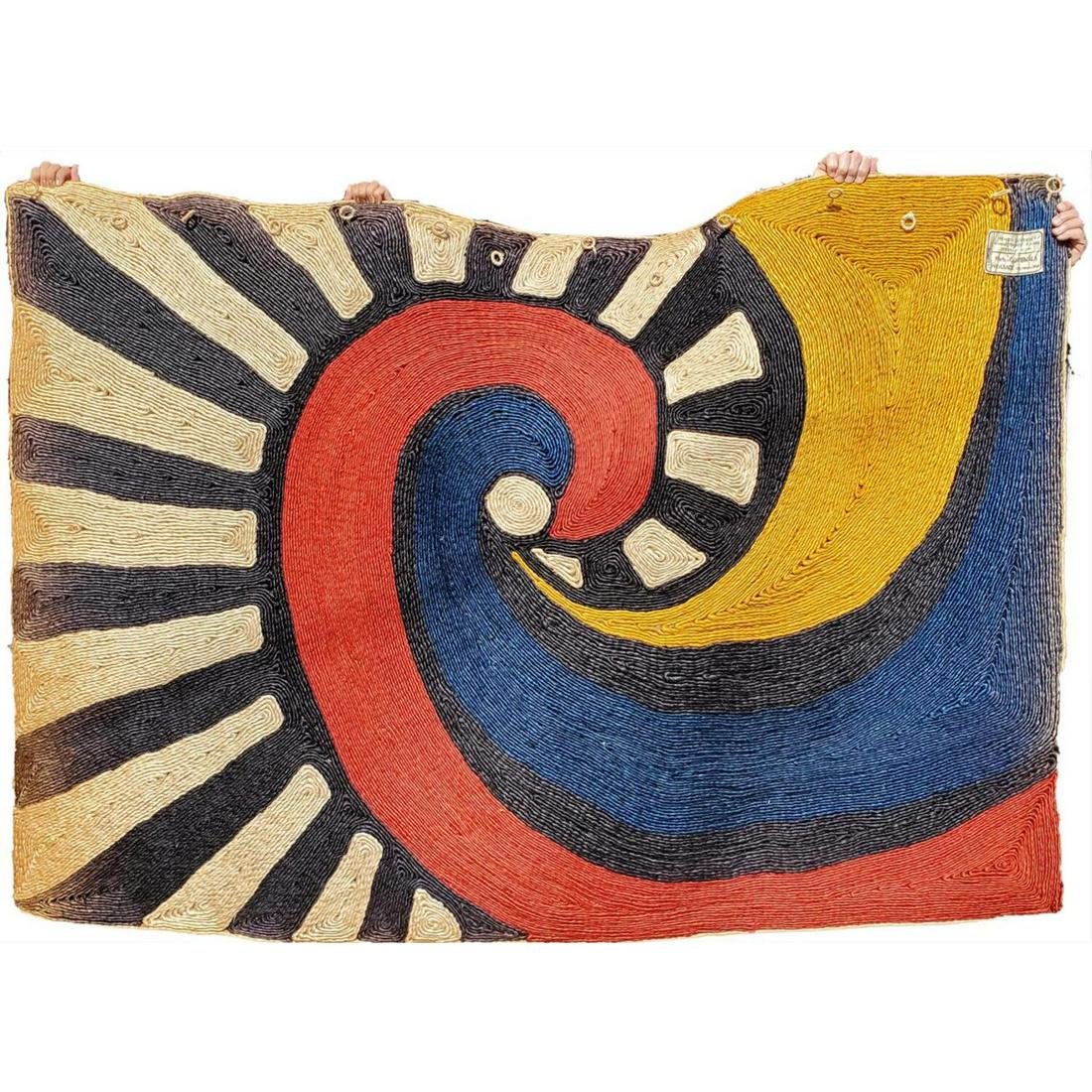 Alexander Calder Bon Art Tapestry 1975: Alexander Calder, American (1898-1976) Bon Art Wall-hanging tapestry. "Swirl," Calder '75 also Numbered 30/100 w/ Copyright. Made in Guatemala. Maguey fiber; Woven Signature and Date. Cloth Manufactur