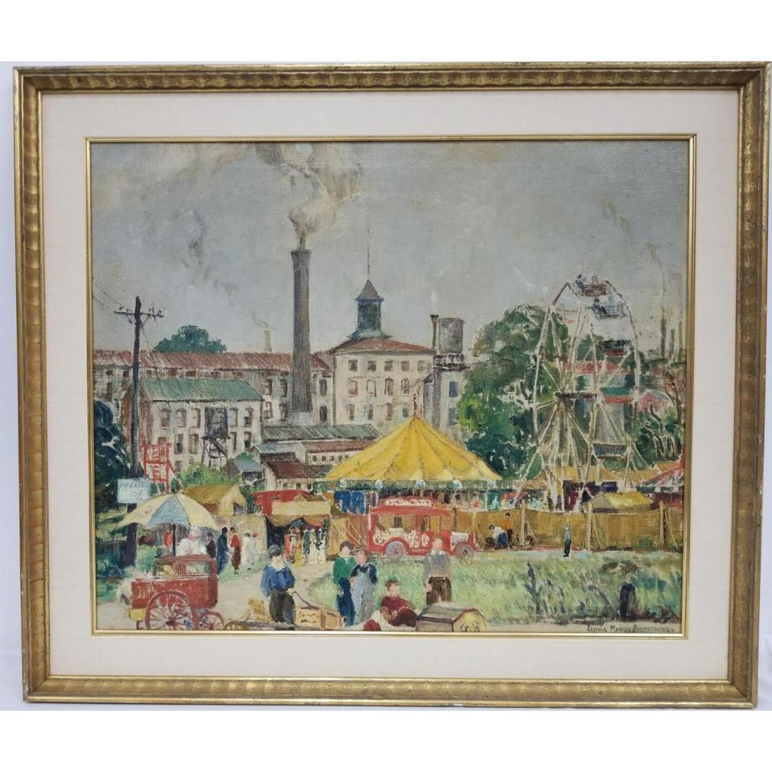 Estelle Ream Manon Armstrong, American.: Estelle Ream Manon Armstrong, American. (1884-1977). Painting Oil on Canvas. "The Carnival". Circa 1935. Signed Lower Right with Variety of Papers showing the Gallery Exhibitions and Entry Card to the