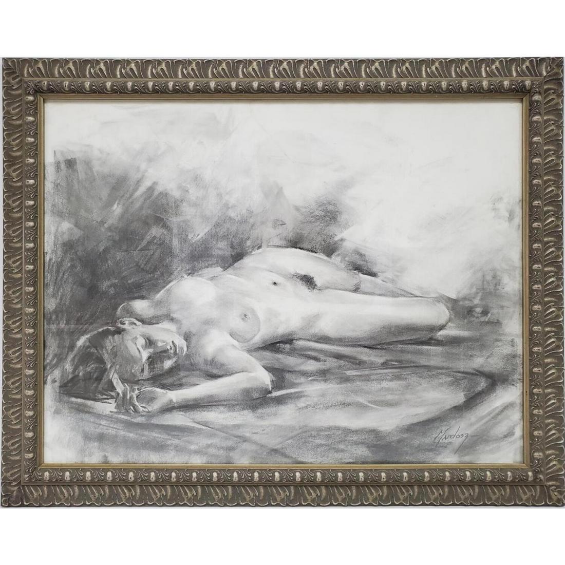 Pencil & Charcoal Nude Painting on Paper Chuck Mardosz: Signed Pencil & Charcoal Nude Painting on Paper. Chuck Mardosz Colorado (b. 1951), Signed Lower Right. Framed Under Glass. Not Examined Out of Frame. Condition: Excellent. Dimensions: Sight-23" x 17.5
