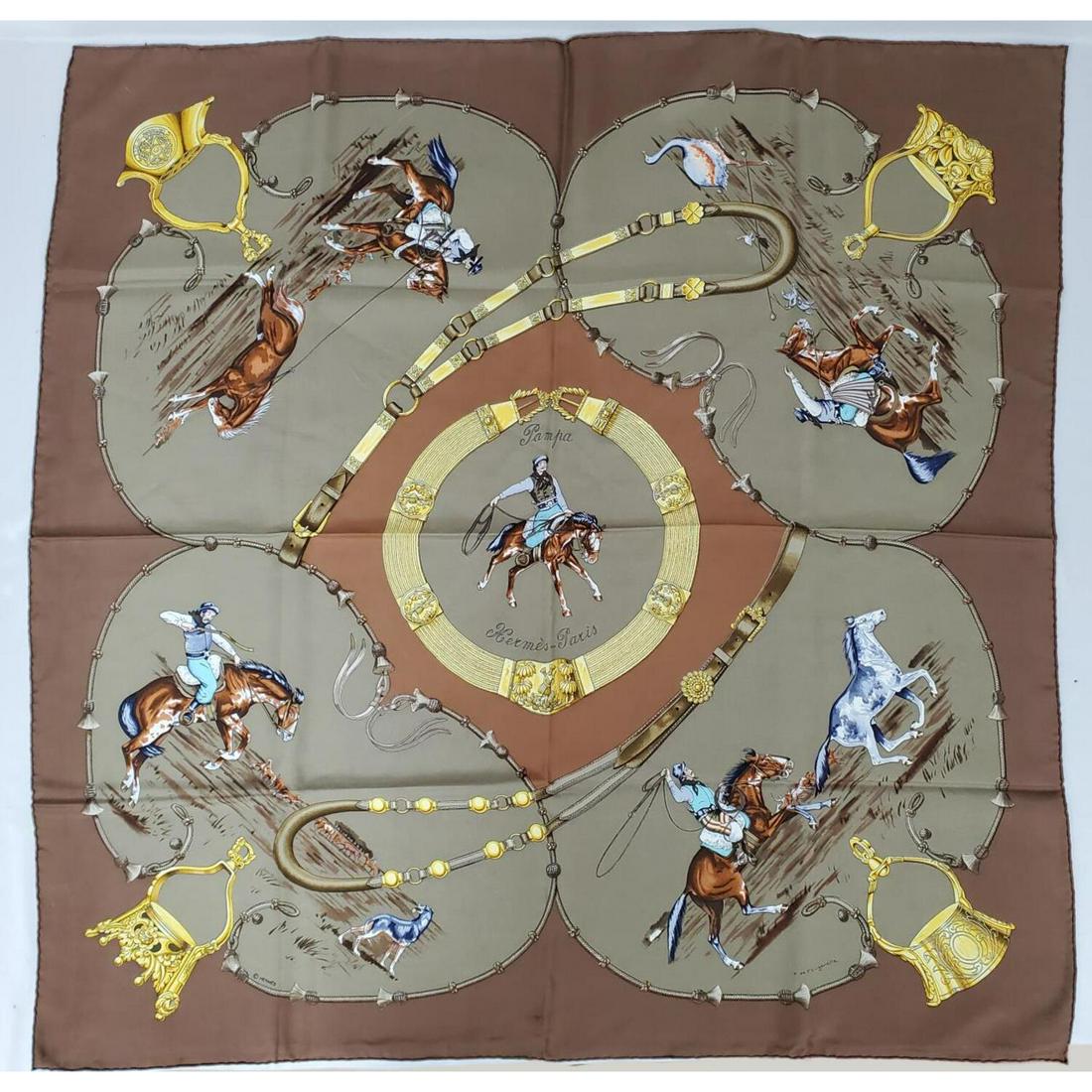 Hermes Paris Jean de Fougerolle "Pampa" Silk Scarf: Hermes Paris Jean de Fougerolle "Pampa" Silk Scarf. Signed. Condition: Excellent. Dimension: 35" Square. Provenance: From a New Jersey Private Collector.Please note the absence of a condition report d