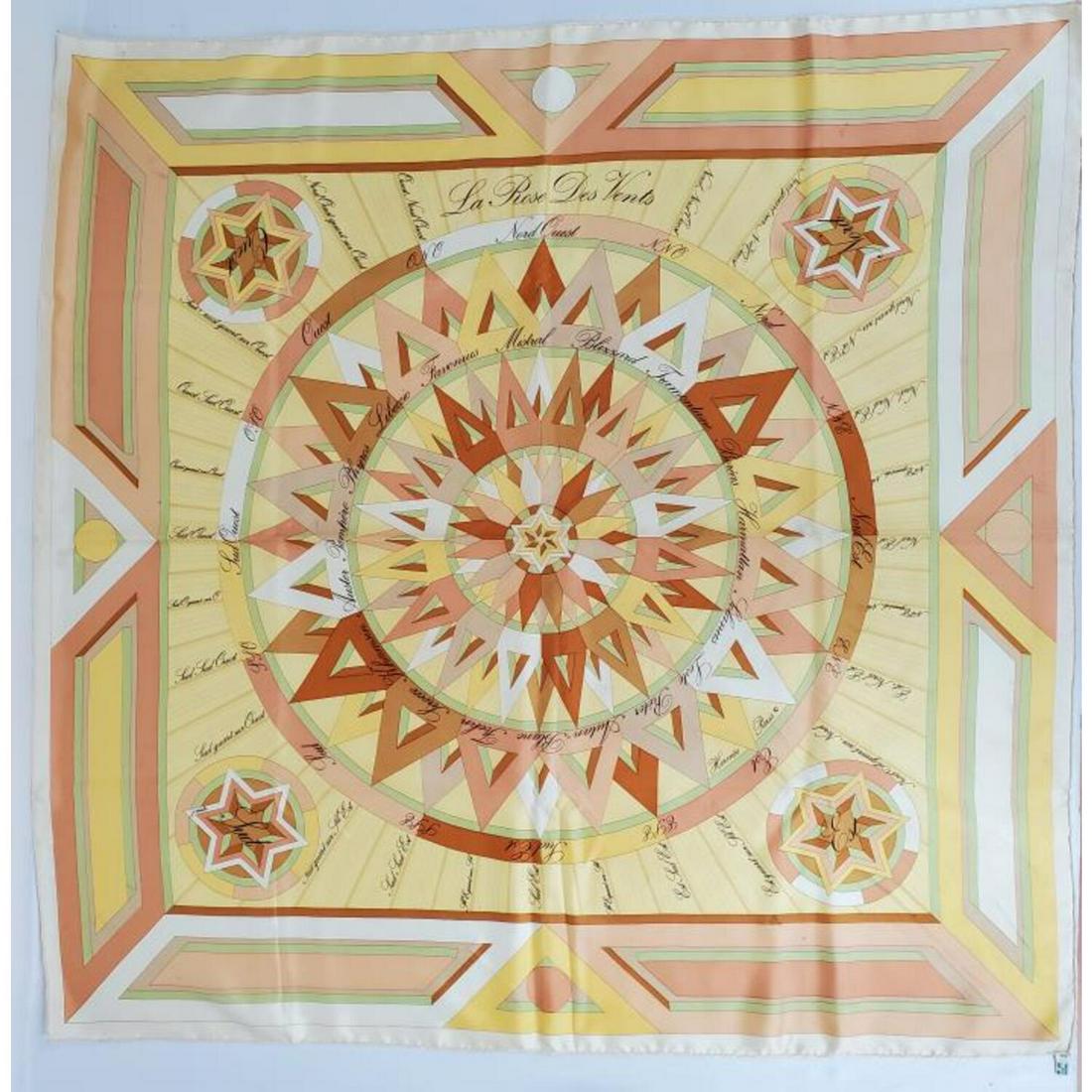 Hermes Paris "La Rose des Vents" Silk Scarf: Hermes Paris "La Rose des Vents" Silk Scarf for J. Metz Ex Cond in Original Box. Signed. Condition: Excellent. Slightly Dirty. Dimension: 35" Square. Provenance: From a New Jersey Private Collector. P