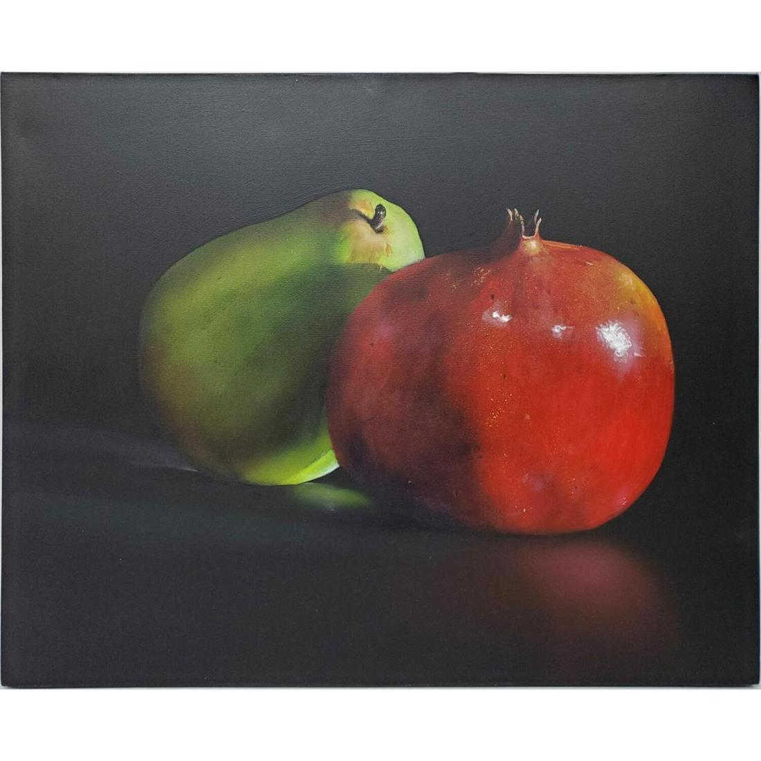 Tom Seghi, American (1942-2011) Painting: Tom Seghi, American (1942-2011) Painting Oil on Canvas. Signed on the Back & Dated '95. "Pear & Pomegranate". Sticker from Corbino Galleries, Sarasota, Florida on the Back.Condition: Excellent.Dimensi