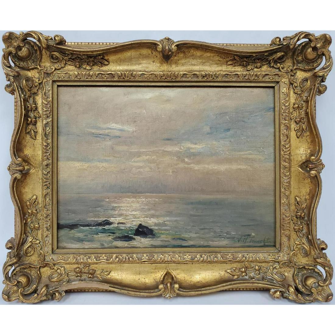 John Henry Twachtman, American (1853-1902): John Henry Twachtman, American (1853-1902) Painting Oil on Canvas. "Shore Sunset". Signed Lower Right. In Original Ornate Frame.Condition: Excellent.Dimensions: Sight- 16.25" x 11.5". Frame-20.75" x 1