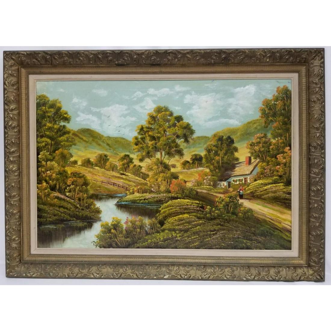 Ignac Ujvary, Hungary (1880-1927) Painting: Ignac Ujvary, Hungary (1880-1927) Painting Oil on Canvas "Village Landscape". Signed Lower Right. Appears to Have Original Frame.Condition: Generally Good.Dimensions: Sight- 36" x 24", Frame- 43" x 31