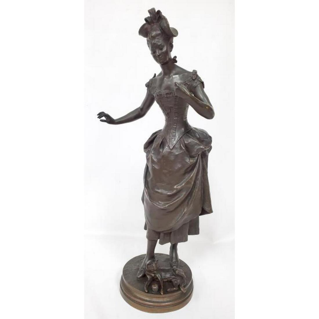 Henri Louis Lavasseur, (1853-1934) Large Bronze: Henri Louis Lavasseur, French (1853-1934) Large Bronze Figure of Elegant Lady with Cat. Signed. Condition: Generally Very Good. An Item Might Be Missing From her Left Hand, Probably an Umbrella but No
