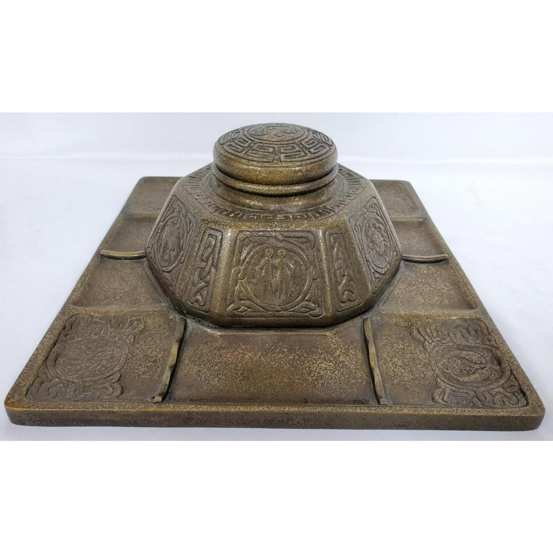 Rare Large Tiffany Studios Zodiac Bronze Inkwell: Rare Large Tiffany Studios Zodiac Pattern Bronze Ink Well, Penholder, ect with Original Glass Well. Fully Signed and Numbered 1073. Condition: Generally Very Good. The Well has a Chip on the Top. Dime