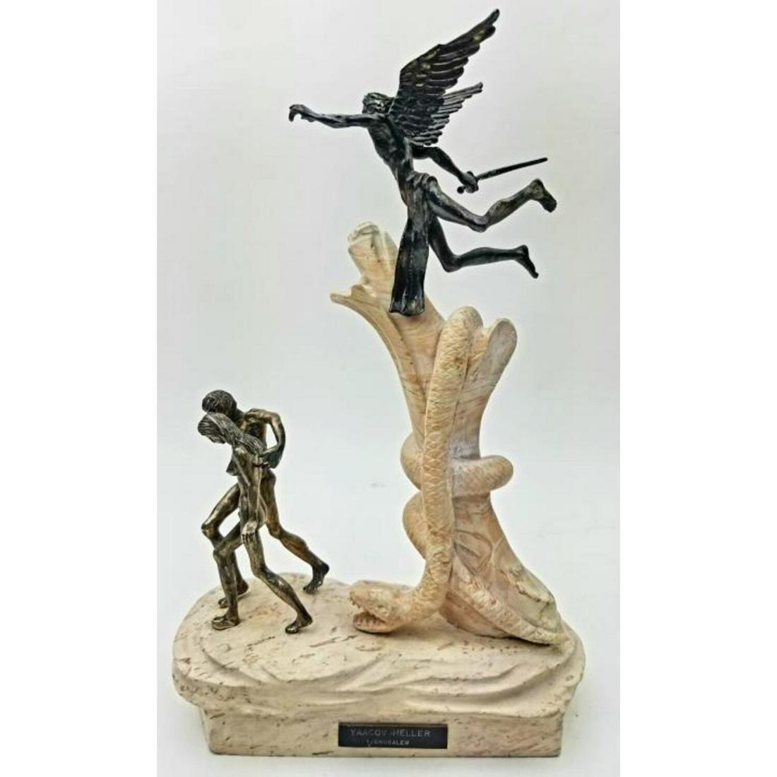 Yaacov Heller, (Born 1941) Sculpture,Adam & Eve: Yaacov Heller, (Born 1941) Sculpture, Silver Figures of Adam and Eve Mounted on Jerusalem Stone. Condition: Generally Good. Silver Tarnished. Dimensions: H- 10", L- 6.5". Provenance: From a Long Islan