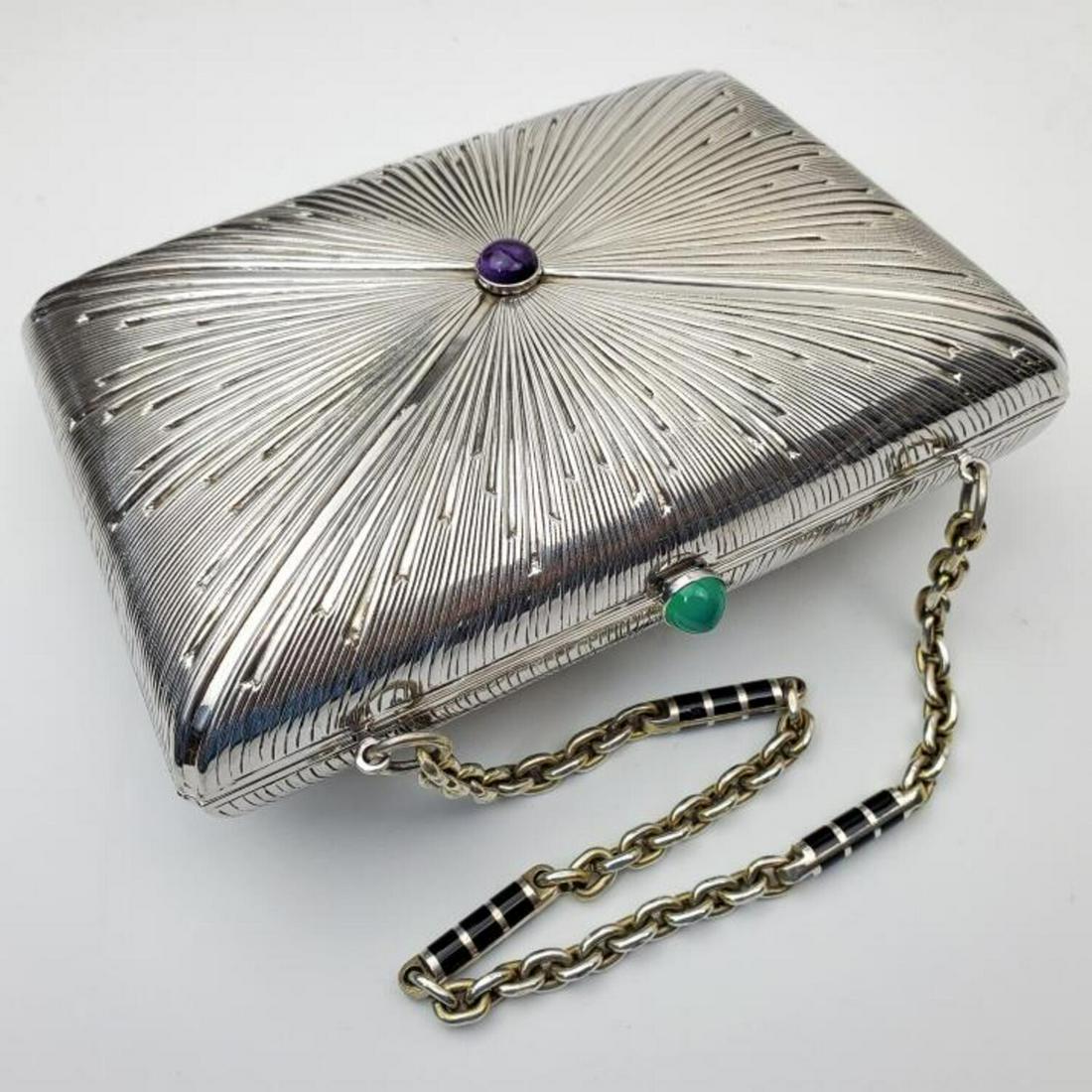 Judith Leiber Sterling Silver, Gem Stones Handbag: Judith Leiber Rare Sterling Silver Gilt and Gem Stones Ladies' Clutch Handbag. Fully Signed and Hallmarked. Gilt Decorated Inside.Condition: Excellent. Dimensions: Actual Bag 6.1" x 4.25". Thickness 1