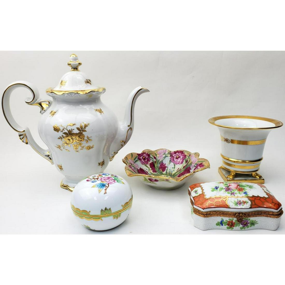 5 Continental Porcelain Items including Herend: 5 Continental Porcelain Items including Herend.Condition: All Generally Good.Dimensions: Largest 10.5" Height x 10.5" Handle to Spout.Provenance: From a Queens, NY Home.Please note the absence of a co