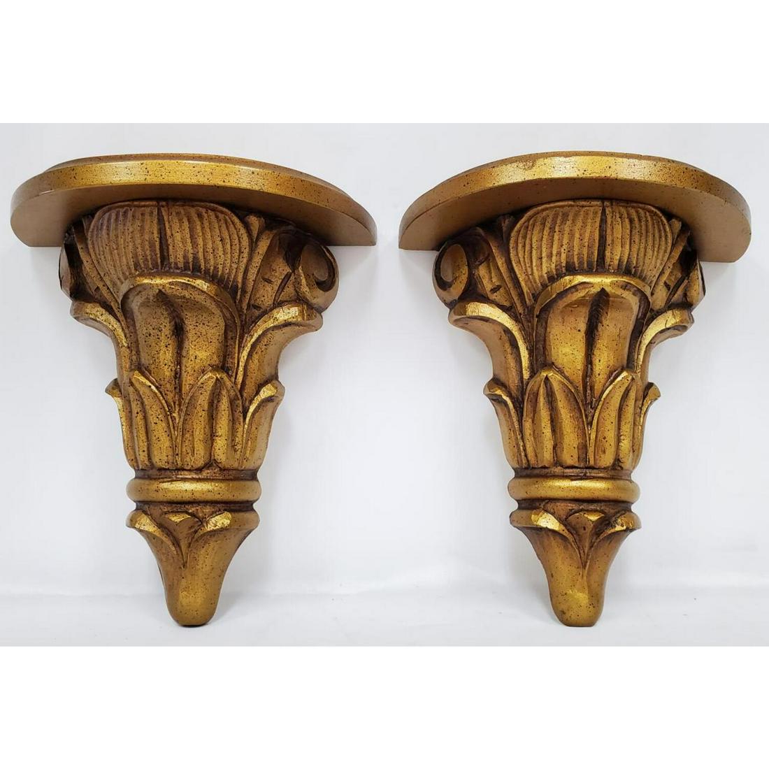 MCM Carved Wood and Gilt Decorated Wall Shelves: Pair of MCM Carved Wood and Gilt Decorated Wall Shelves.Condition: Generally Very Good.Dimensions: Height of each 9.5" and Length 8.25" and Depth 4".Provenance: From a Queens, NY Home.Please note the 