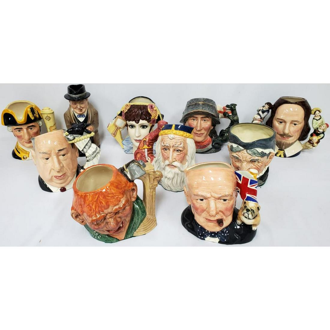 Large Lot of 10 Royal Doulton Character Mugs: Large Interesting Lot of 10 Royal Doulton Character Mugs Including "Alfred Hitchcock", 2 "Winston Churchill", "Quasimodo", "William Shakspeare", "Merlin", "Granny", Captain James Cook", "Napoleon/Jose