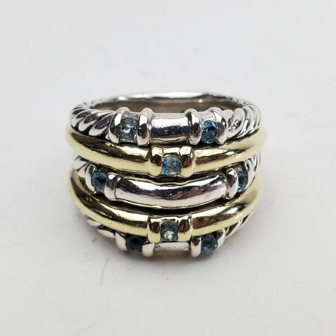 David Yurman Silver and 14 Gold and Aqua Stone: David Yurman Silver and 14 Gold and Aqua Stone.Condition: Generally Very Good. Some Light Scratches. Dimensions: Ring Size-7".Total Weight: 14.6 gr. Provenance: From a Long Island, NY Home.Please note
