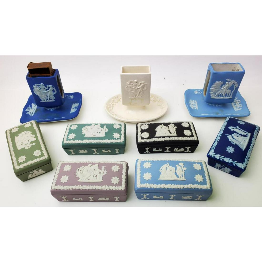 Wedgewood Jasperware Porcelain Match Box Holders: Vintage Wedgewood Jasperware Porcelain Match Box Holders. Condition: Appears to be Generally Very Good, As Is. Dimensions: Largest 4.4" x 3.4" x 3.4". Provenance: From an Estate of a Collector in Long