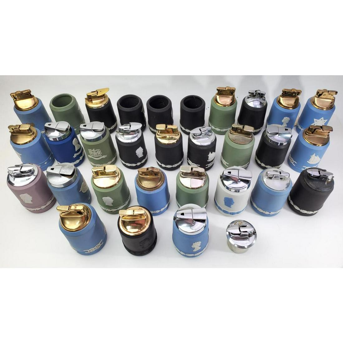 30 Vintage Wedgewood Jasperware Porcelain Lighters: Lot of 10 Vintage Wedgewood Jasperware Porcelain Table Lighters. Condition: Appears to be Generally Very Good, As Is.3 without Lighter Inserts. Dimensions: H- 4". Provenance: From an Estate of a Colle
