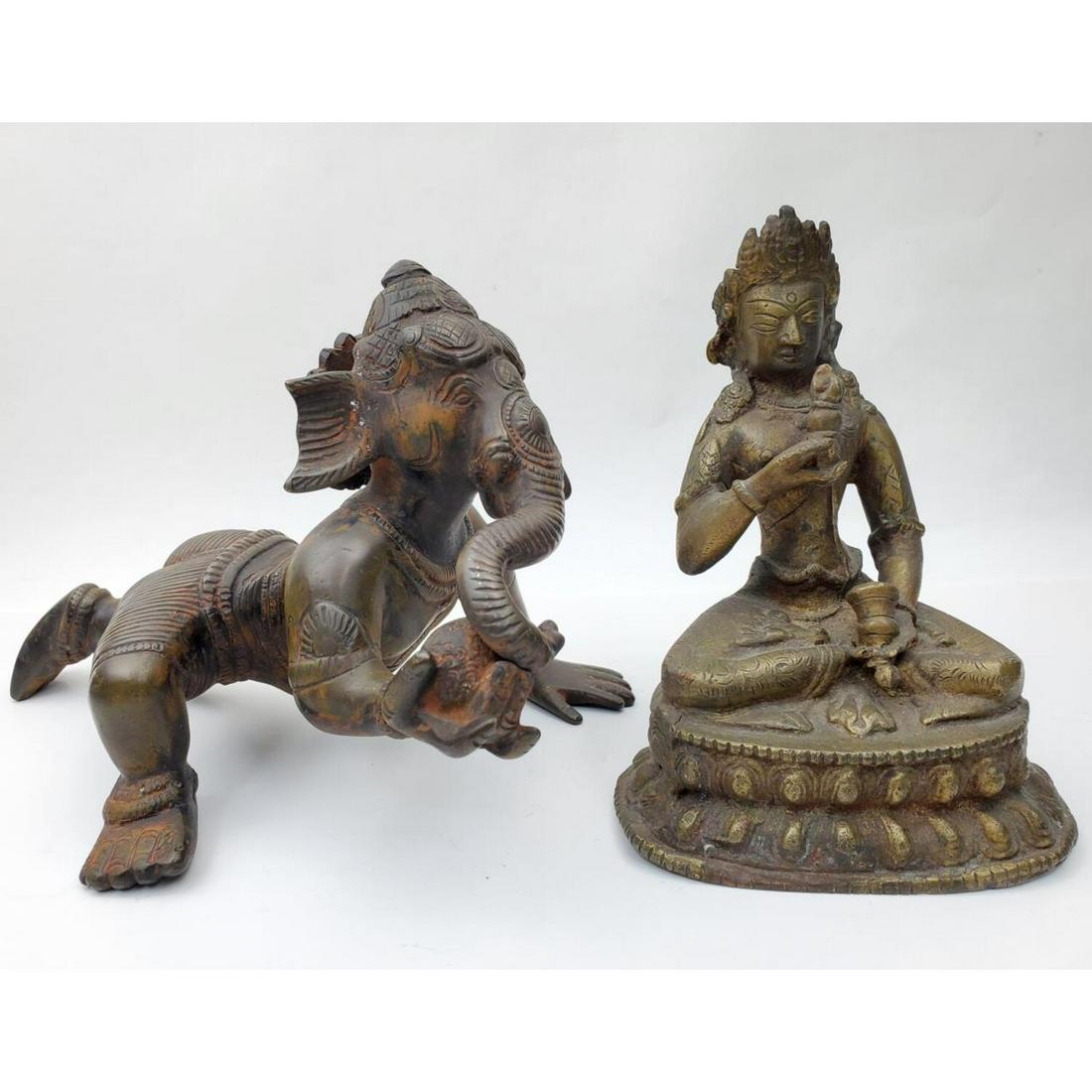 2 Indian or Nepalese Bronze Figures: 2 Indian or Nepalese Bronze Figures. One is Ganesh, The Other is Buddha. One is Signed. Condition: Generally Good, As Found. Dimensions: Largest L- 9", W- 6", H- 6". Provenance: From a Queens, NY Home