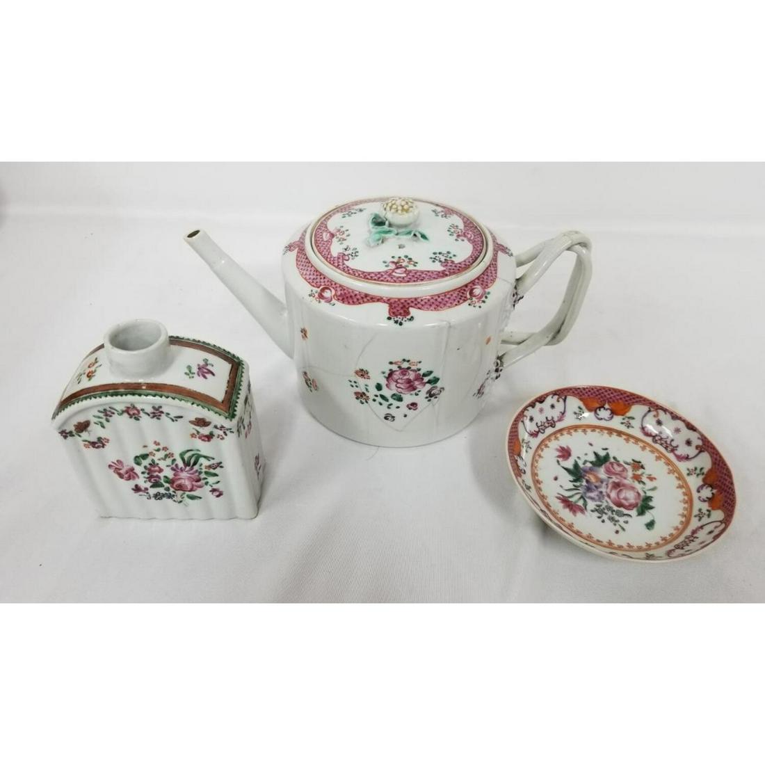 Lot of 3 18th Century Chinese Export Items: Lot of 3 18th Century Chinese Export Items including Teapot, Tea Caddy and Small Dish all in Famile Rose Pattern.Condition: Teapot and small dish with cracks, Tea Caddy in generally very good conditio