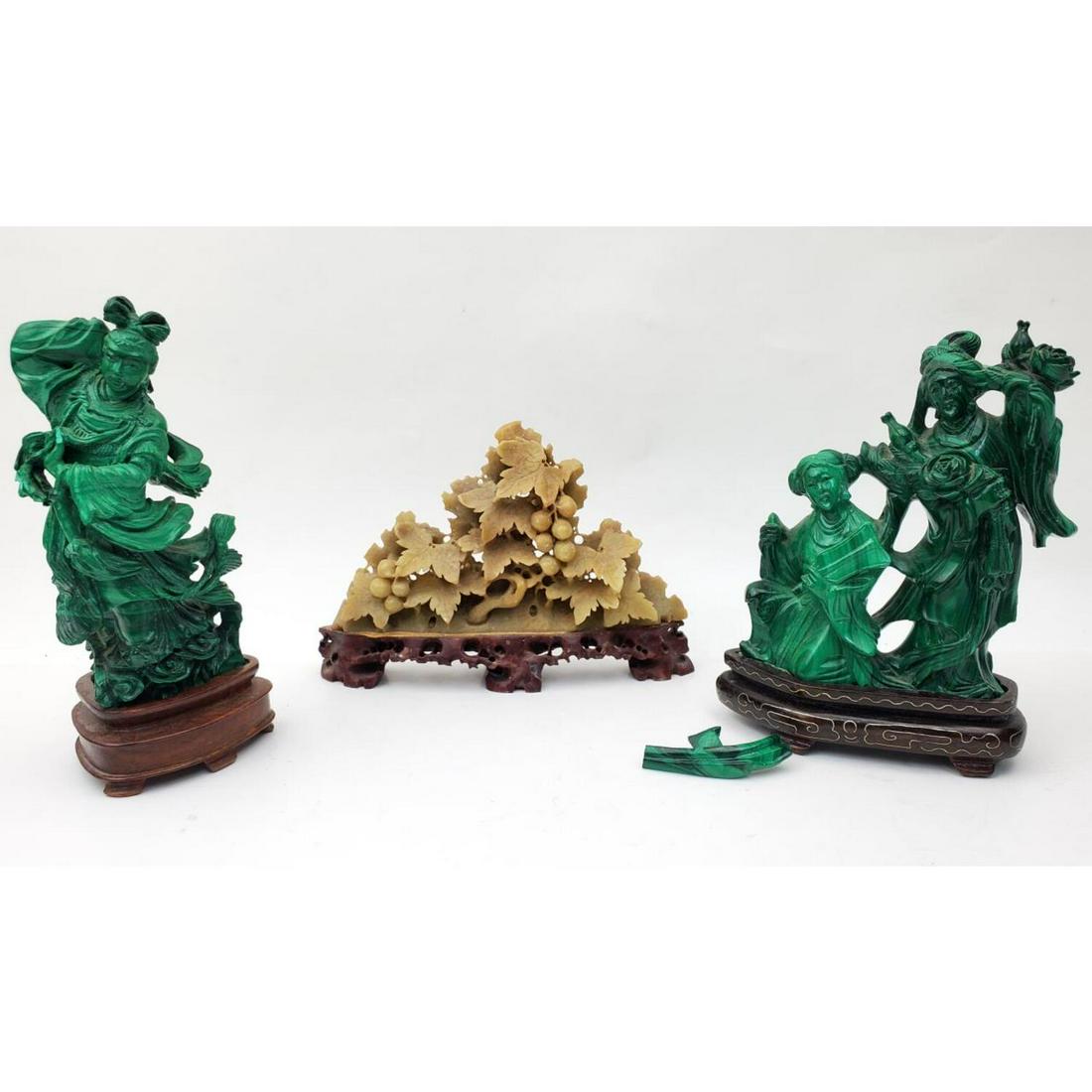 Chinese Lot of 3 Malechite & Soapstone Figures: Chinese Lot of 3 Figures Including Malachite and Soapstone. All on Wooden Bases. Condition: Generally Good. As Is. Dimensions: Largest H- 5.75". Provenance: From a Long Island, NY Home. Please note th