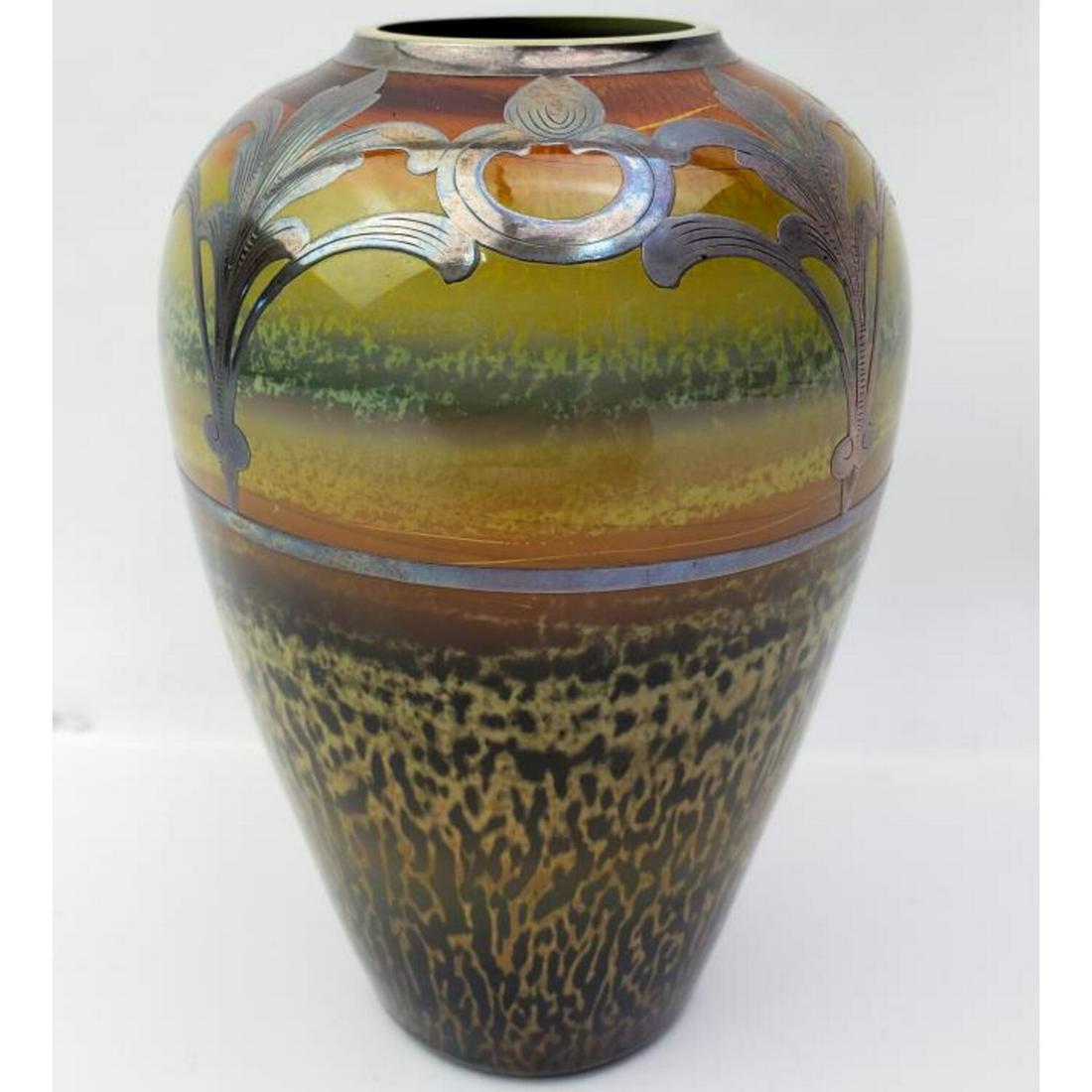 Quezal Rare â€œInnovation ” or "Agate" Silver Overlaid Glass Vase (1 of 5)