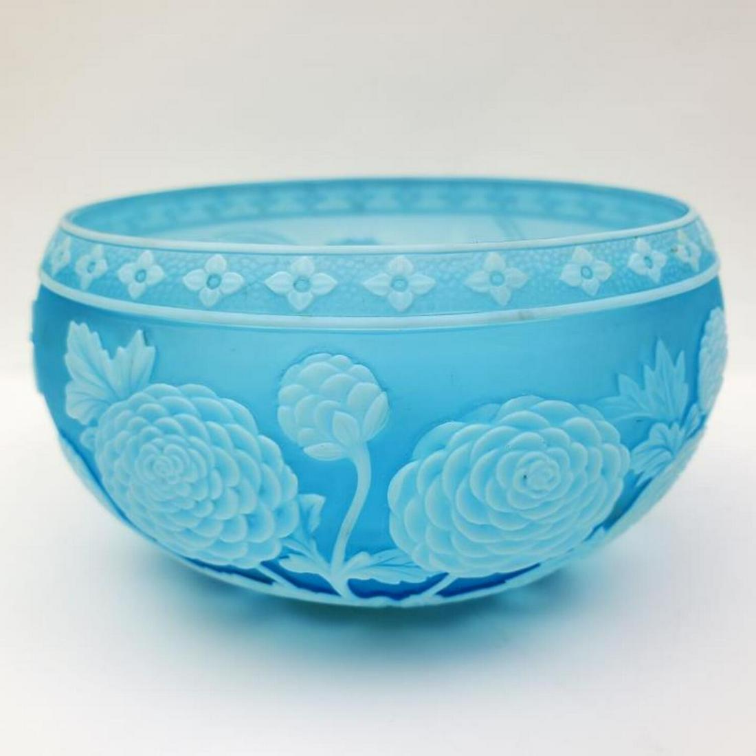 Antique English Thomas Webb Blue/White Glass Bowl: Antique English Thomas Webb Blue and White Cameo Glass Bowl with Decorations of Flowers and Butterflies. Fully Marked at the Bottom. Condition: Excellent. Dimensions: Dia- 5", H- 2.5". Provenance: Pri