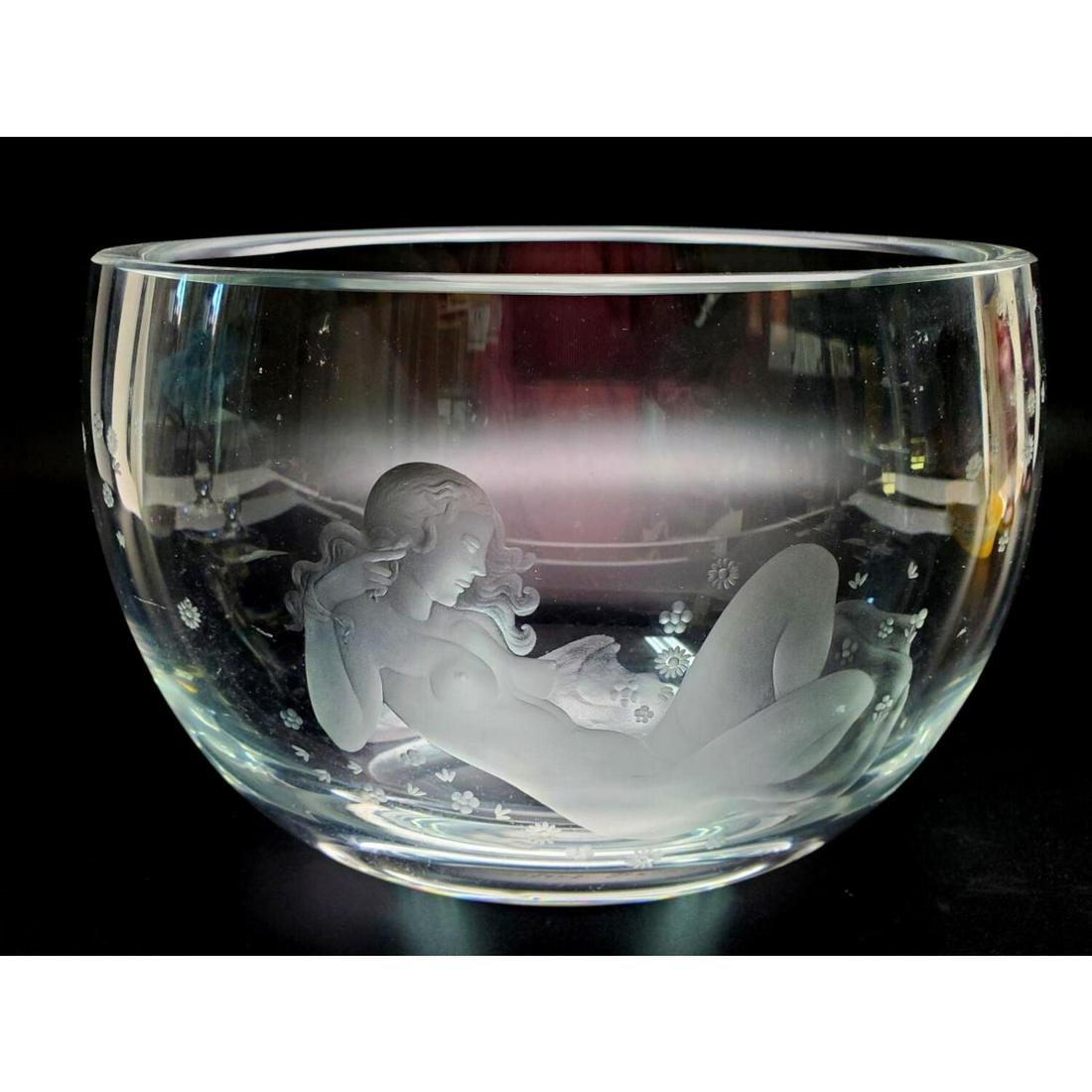 Orrefors Sven Palmquist Vase with Carved Nude Girl: Orrefors Sven Palmquist Vase with Carved Nude Girl. Marked at the Bottom. Expo 1152 and SP. Condition: Excellent. Dimension: H- 6", L-8.25". Provenance: Private Collection of the Estate of a Long Time