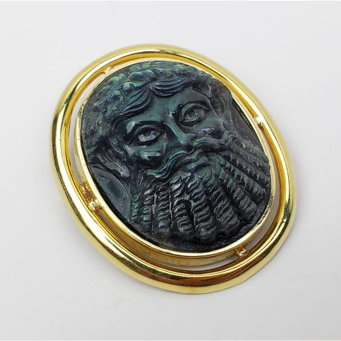 18K Gold & Carved Iridescent Green Gem Brooch (1 of 2)