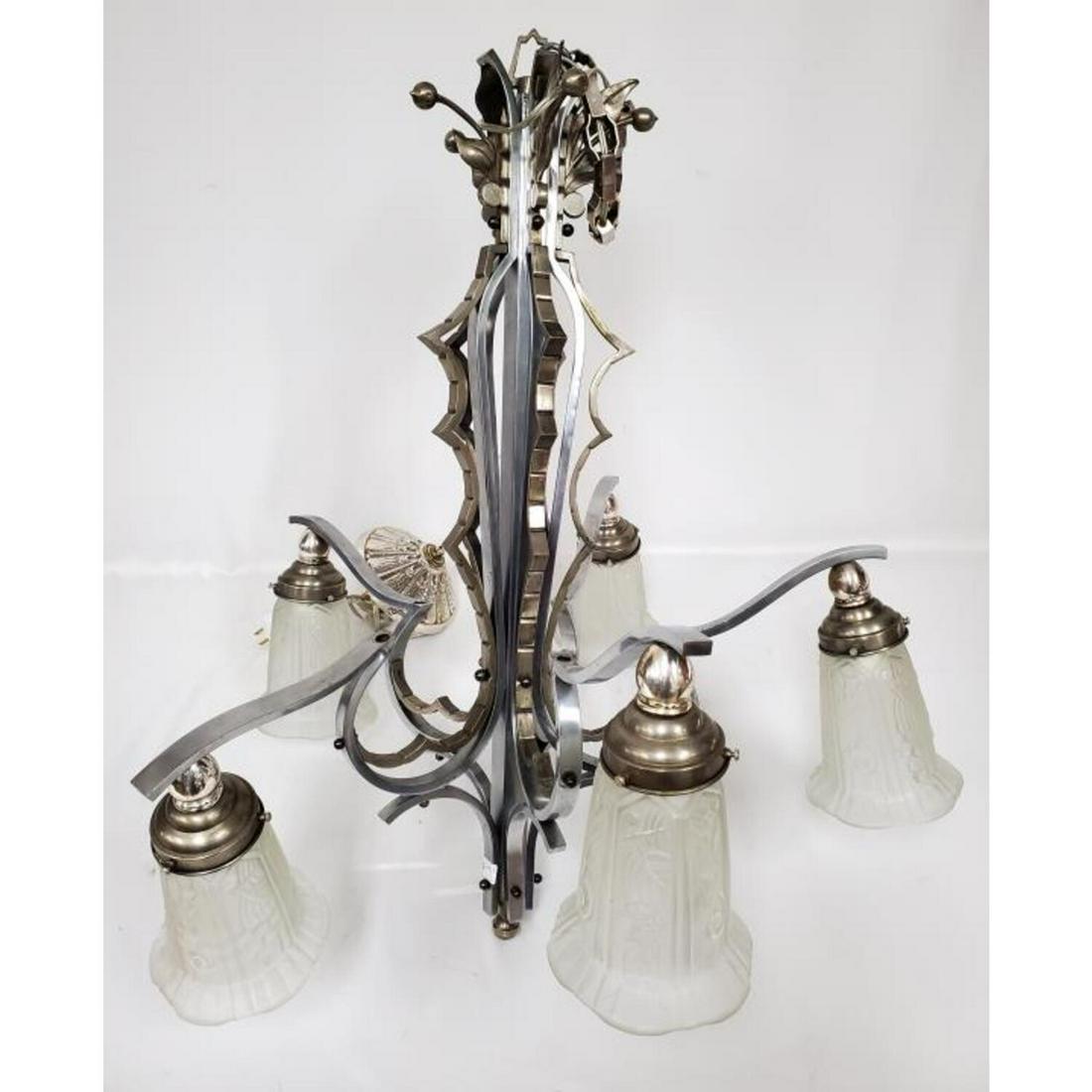 French Art Deco 5 Light Chandelier: French Art Deco 5 Light Chandelier. Apparently Unsigned. Condition: Generally Good. Minor Chips on the Fitter. Dimensions: H- 26", Dia- 22". Provenance: From a Private Pennsylvania Collection. Please