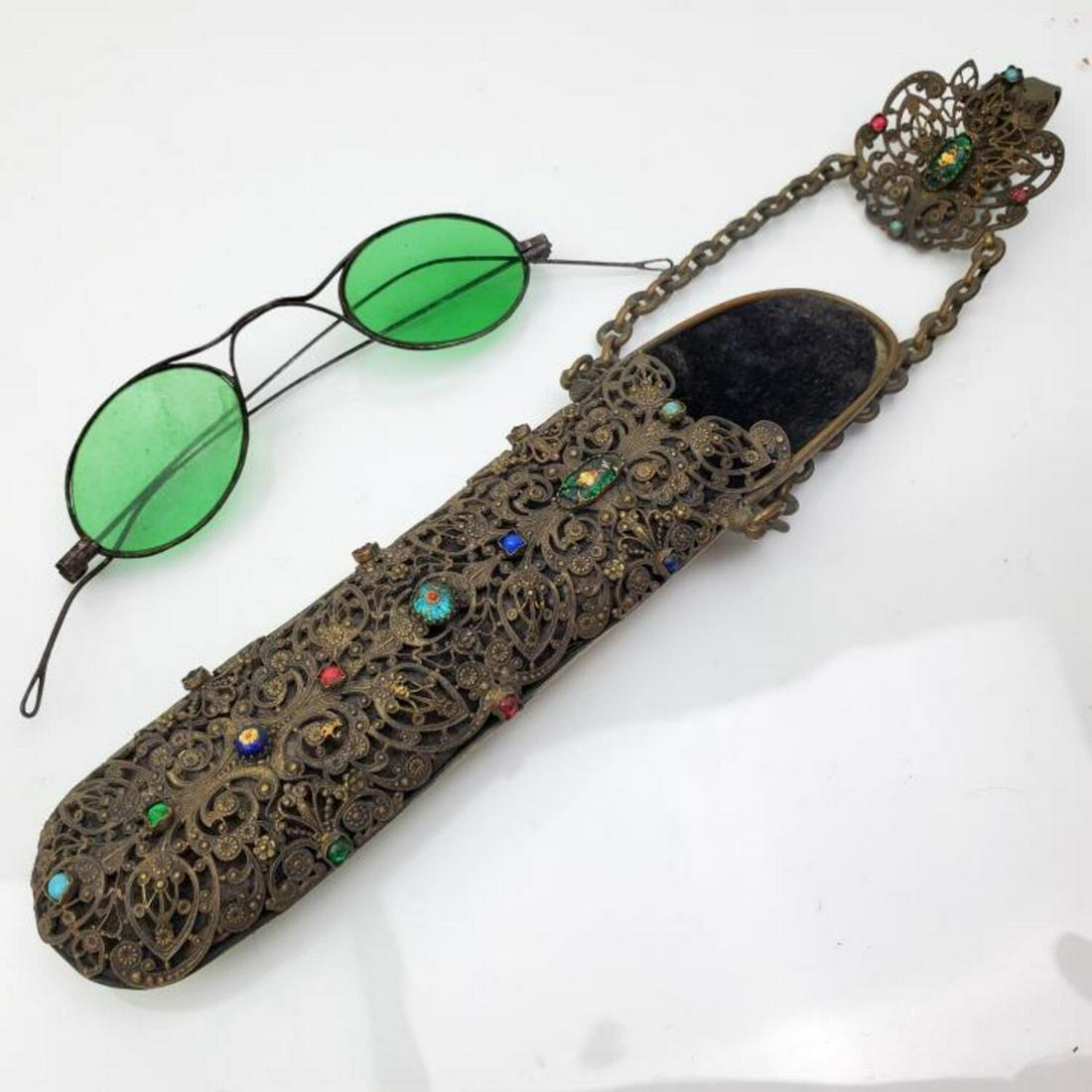 Antique Pair of Glasses with Decorated Metal Case: Antique Pair of Glasses with Decorated Metal Case/Holder. Probably American. Condition: As Found. Dimensions: Glasses L- 4.1", Handles- 5", Case/Holder- 9.5". Provenance: From a Long Island, NY Home.