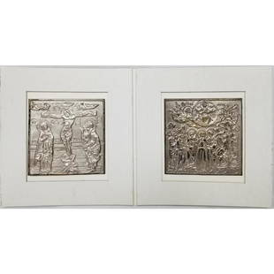 Ilias Lalaounis, Greek/American (20th C) 2 Plaques: Ilias Lalaounis, Greek/American (20th C) 2 Signed Metal Plaques. Condition: Generally Good Condition.Dimensions: Both Plaques- 3.5" x 3.5". Frame- 6.5" x 6.5".Provenance: From a Long Island, NY Home.