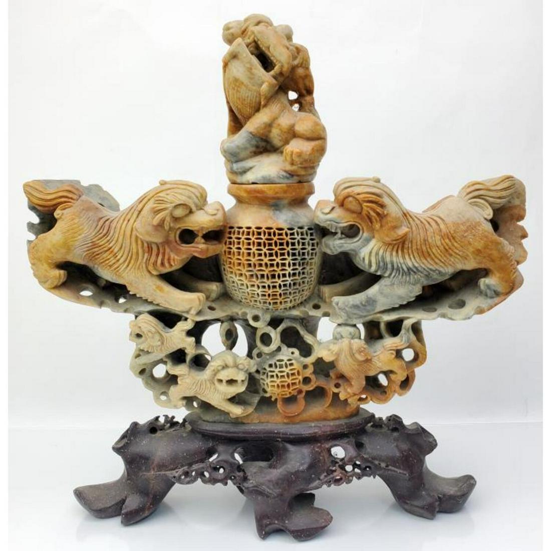 Old Chinese Soapstone Double Foo Lion Censor (1 of 8)