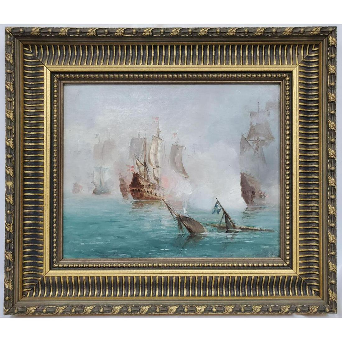 19th C. Painting Oil on Canvas Battle of Trafalgar (1 of 5)