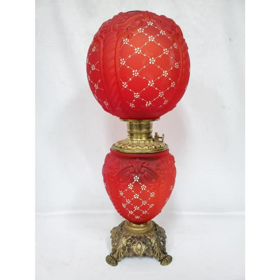 Antique Hand Painted Red Glass Hurricane Lamp. (1 of 6)