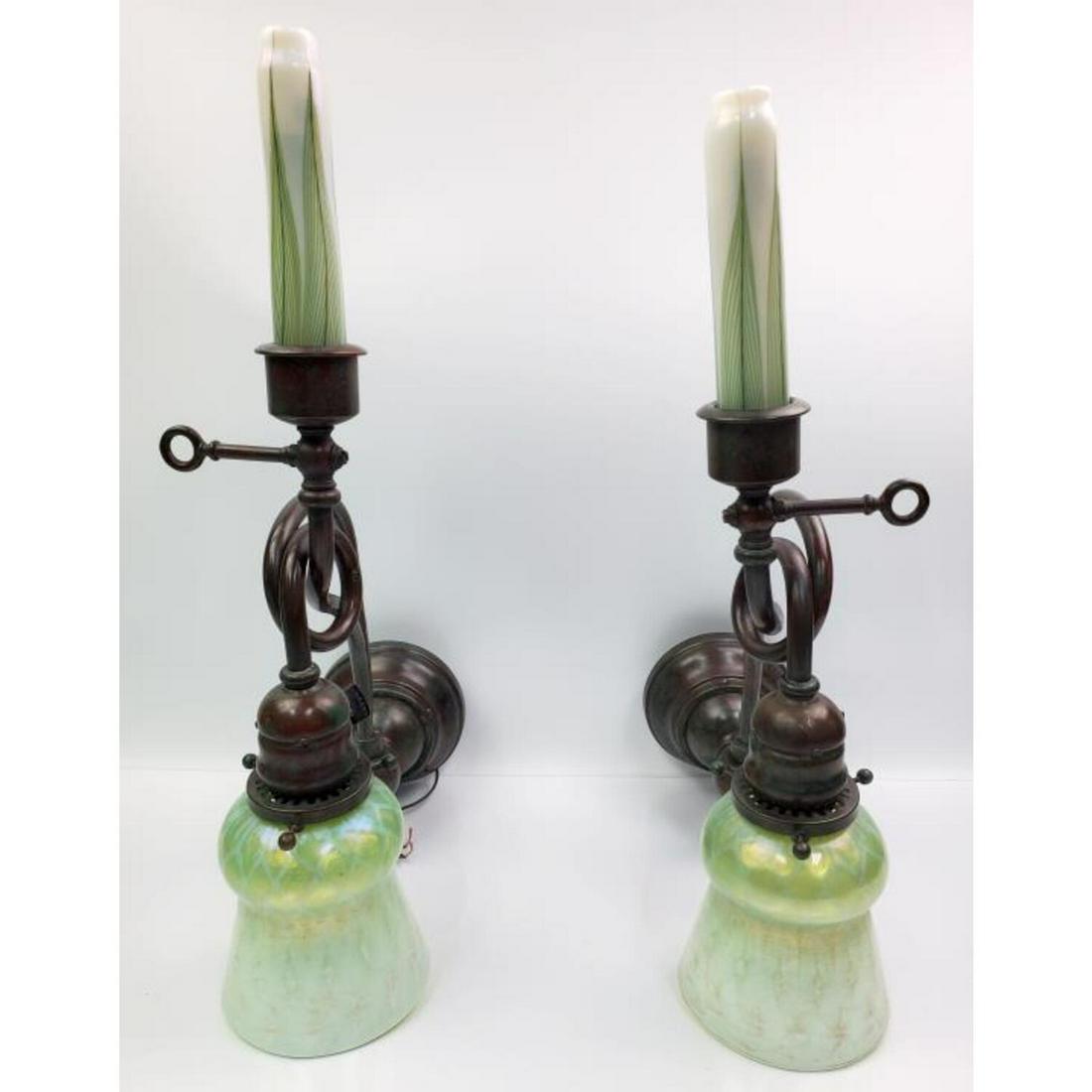 Pr. Tiffany Studios Bronze Decorated Glass Scones (1 of 6)