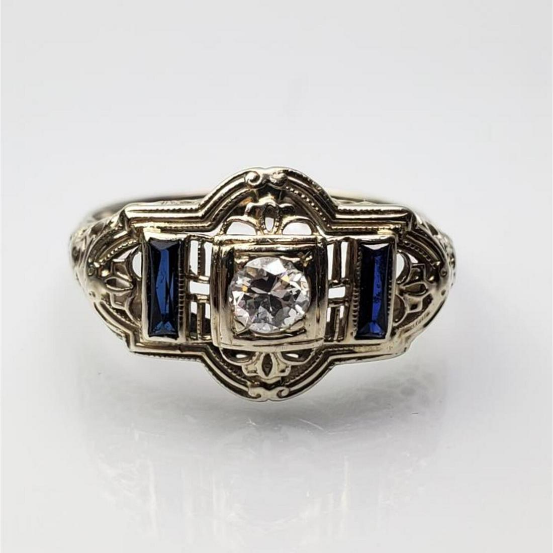 Early 18K White Gold, Diamond, and Sapphires Ring (1 of 4)