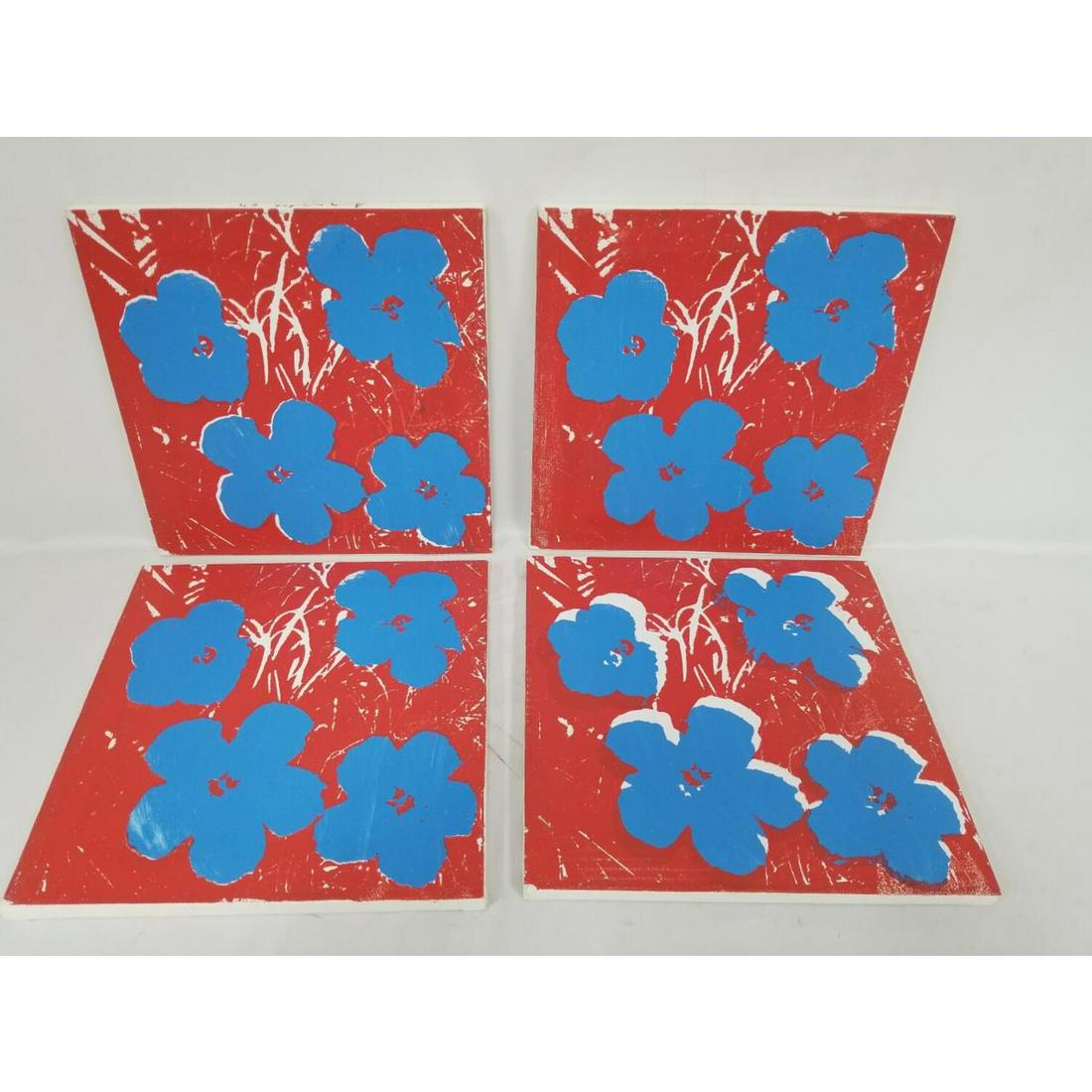 After Andy Warhol 4 Silkscreens on Canvas "Flowers: Lot of 4 Silkscreen, Ink, and Acrylic on Canvas "Flowers". After Andy Warhol. Condition: Excellent. Dimensions: 11.75" Square. Provenance: From a Private Upstate NY Collector. Please note the absence 