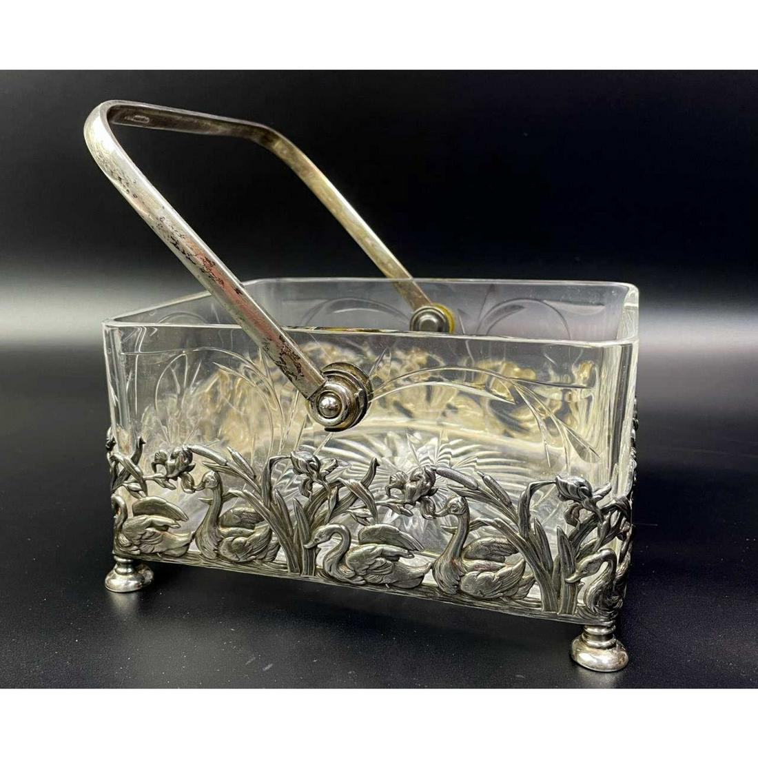 Art Nouveau Style Sterling and Cut Crystal Basket (1 of 3)