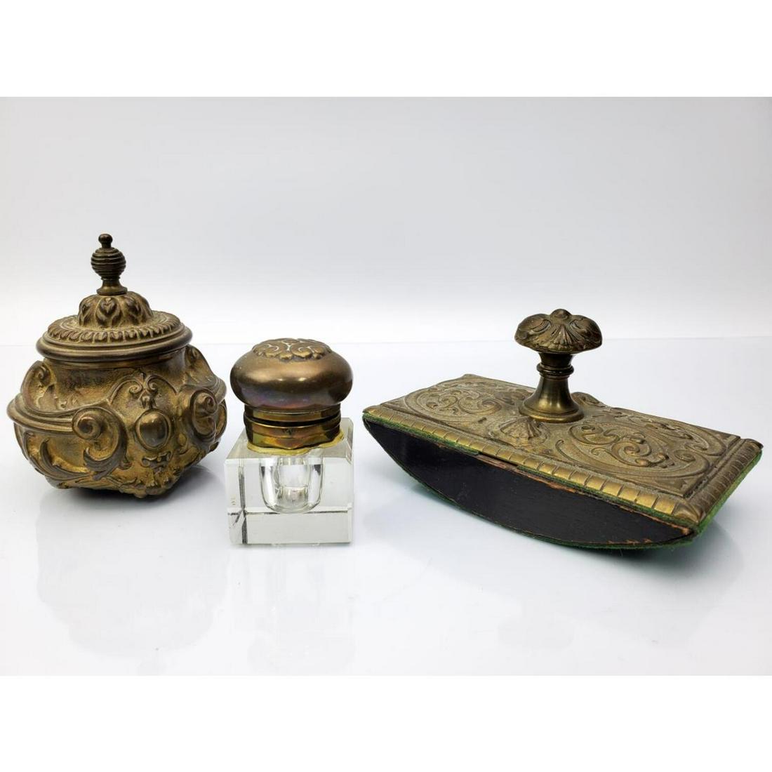 Lot of 3 Writer's Desk Items: Lot of 3 Writer's Desk Items Including an Ink Blotter and 2 Inkwells. Condition: Generally Good, As Is. Dimensions: Largest- Provenance: From a Long Island, NY Home. Please note the absence of a Condi