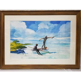 Chet Reneson, American (Born 1934) Watercolor: Chet Reneson, American (Born 1934) Large Watercolor "The Fisherman" Signed Lower Left. Framed Under Glass. Has Not Been Examined Out of Glass.Condition: Excellent.Dimensions: Sight-28" x 18".