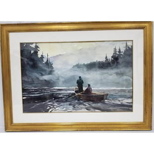 Chet Reneson, American (Born 1934) Watercolor: Chet Reneson, American (Born 1934) Large Watercolor "Two Fishermen" Signed Lower Right. Framed Under Glass. Has Not Been Examined Out of Glass.Condition: Excellent.Dimensions: Sight-28" x 18". Frame-3