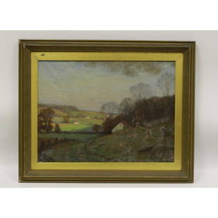 Painting oil on Canvas William Merritt Post: Painting Oil on Canvas, William Merritt Post, American (1861-1938), Scene of Barn & Haystacks. Signed Lower Right. Provenance from a Garden City, NY Collector. Generally good condition. A few