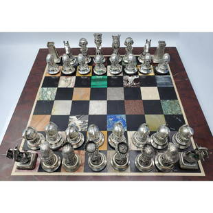 Rare Spanish Silver Multicolor Hardstone Chess Set: Rare Spanish Silver and Multicolor Hard Stone Chess Set "Spanish Conquistadors and Native Americans" On Felt Bases. All Silver Pieces are Marked and Markers Mark of SG. Please Note that This is a Comp