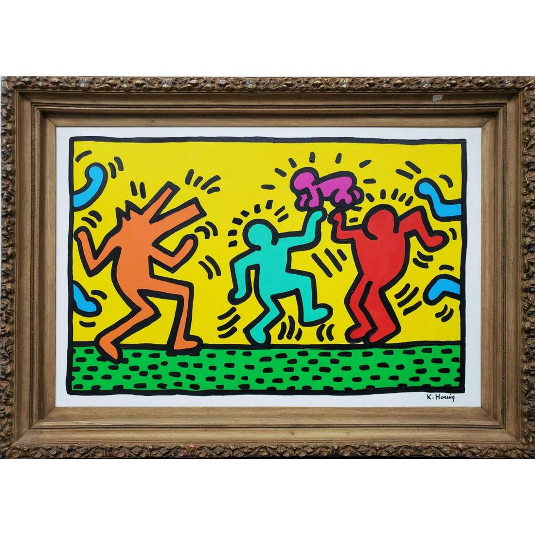 After Keith Haring Painting, Oil on Canvas.: After Keith Haring Painting, Oil on Canvas. Signed Lower Right and Framed. We Cannot Guarantee the Authenticity of this Item and it is Sold After the Artist. Condition: Excellent. Dimensions: Sight- 3