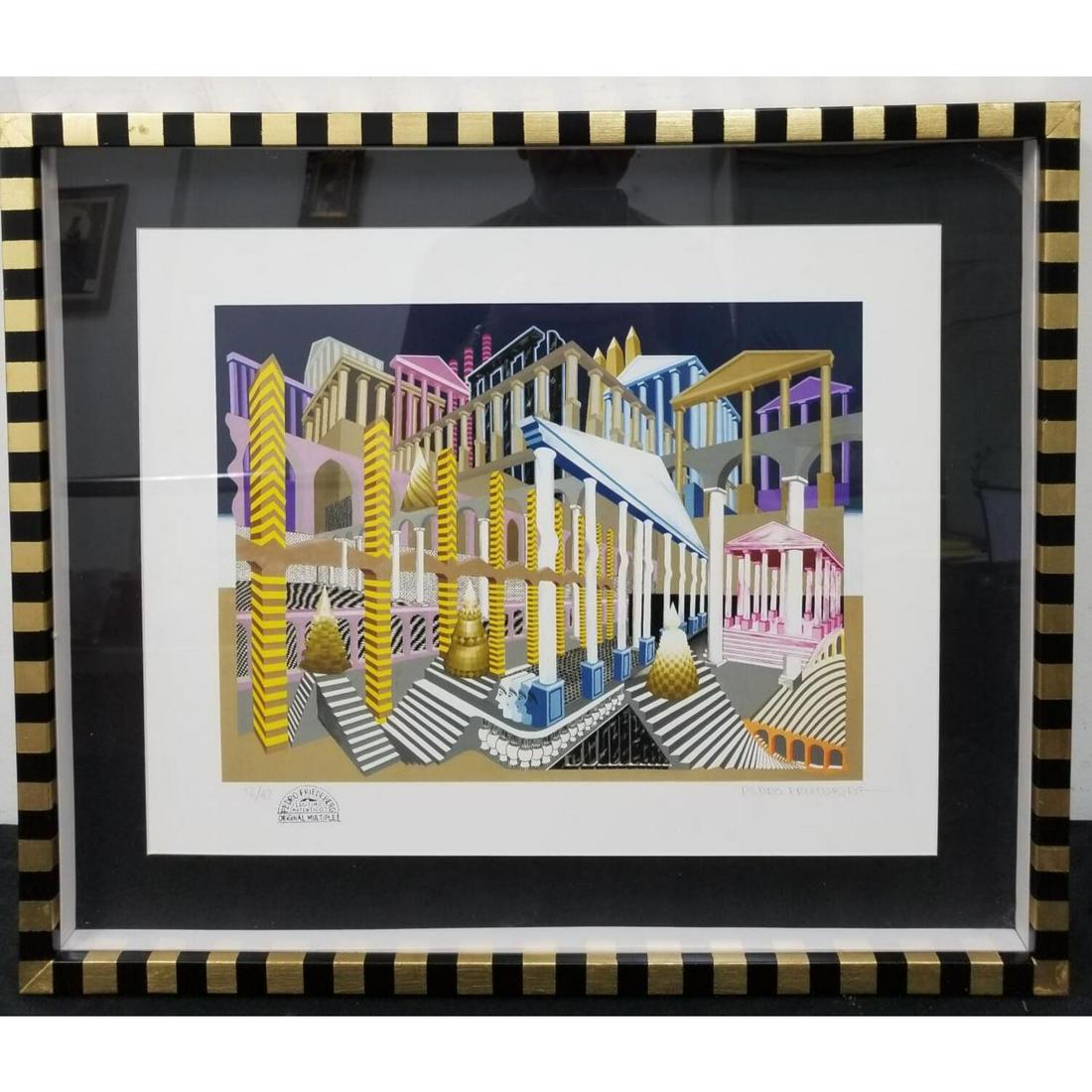 Pedro Friedeberg, Mexican (Born 1936) Silkscreen: Pedro Friedeberg, Mexican (Born 1936) Silkscreen " The Small City". Pencil Signed Lower Right and Numbered 12/42 Lower Left. With Pedro Friedeberg Seal. Beautifully Famed Under Plexiglass. Not Examine