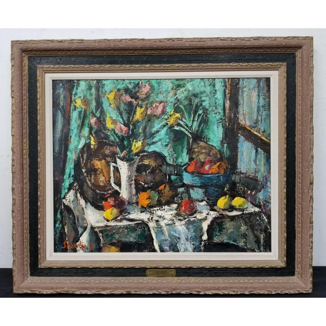 Harry Shoulberg, USA (1903-1995) Large Painting: Harry Shoulberg, USA (1903-1995) Large Painting, Oil on Canvas "Still Life with Guitar". Signed Lower Left. With Paper Label on the Back. In Original Frame. Condition: Excellent. Dimensions: Sight- 30