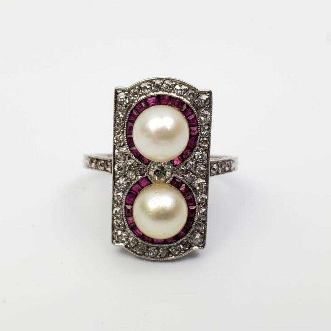 14K or Higher Gold, Double Pearl Diamond Ring (1 of 4)