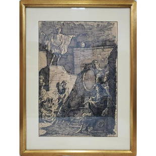 Domenico Gnoli, Italy/France/NY (1933-1970): Domenico Gnoli, Italy/France/NY (1933-1970) Black Marker on Paper "Quand le roi n’est pas ça". Signed Lower Right. Framed Under Glass. Has Not Been Examined Out of Frame. Condition: Generall
