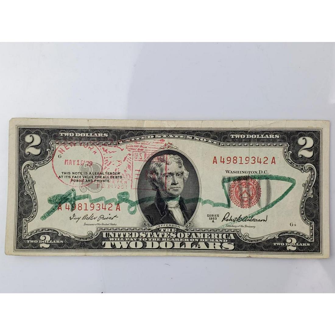 Real Two Dollar Bill Signed and Attributed to Andy Warhol (1 of 2)