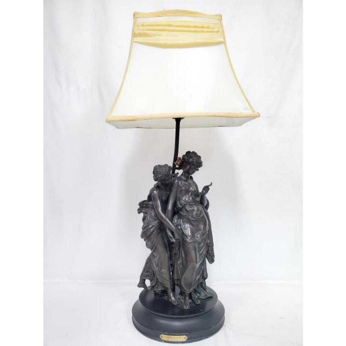 Antique Bronze Figure After L. F. Moreau: Antique Bronze Figure After L. F. Moreau "Confidence" on Wood Base. Made into Lamp. Condition: Excellent. Dimensions: Bronze H- 14", Total H- 29". Provenance: From a Long Island, NY Home. Please note 