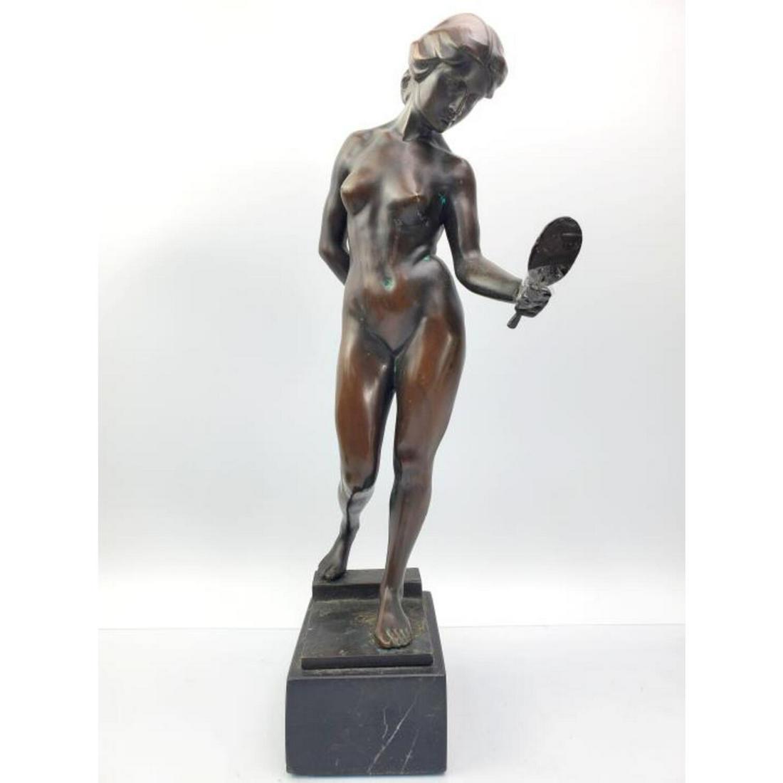 Josef Lorenzl, Austrian (1892-1950) Bronze Figure: Josef Lorenzl, Austrian (1892-1950) Bronze Figure of a Nude Woman Looking into a Mirror on Black Marble Base. Fully Signed. Condition: Generally Good, The Bronze is Loose on the Base and the Mirror in