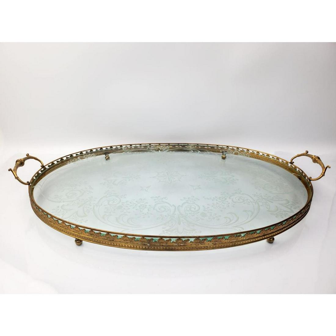 Antique Large Bronze/Brass and Etched Glass Tray (1 of 4)