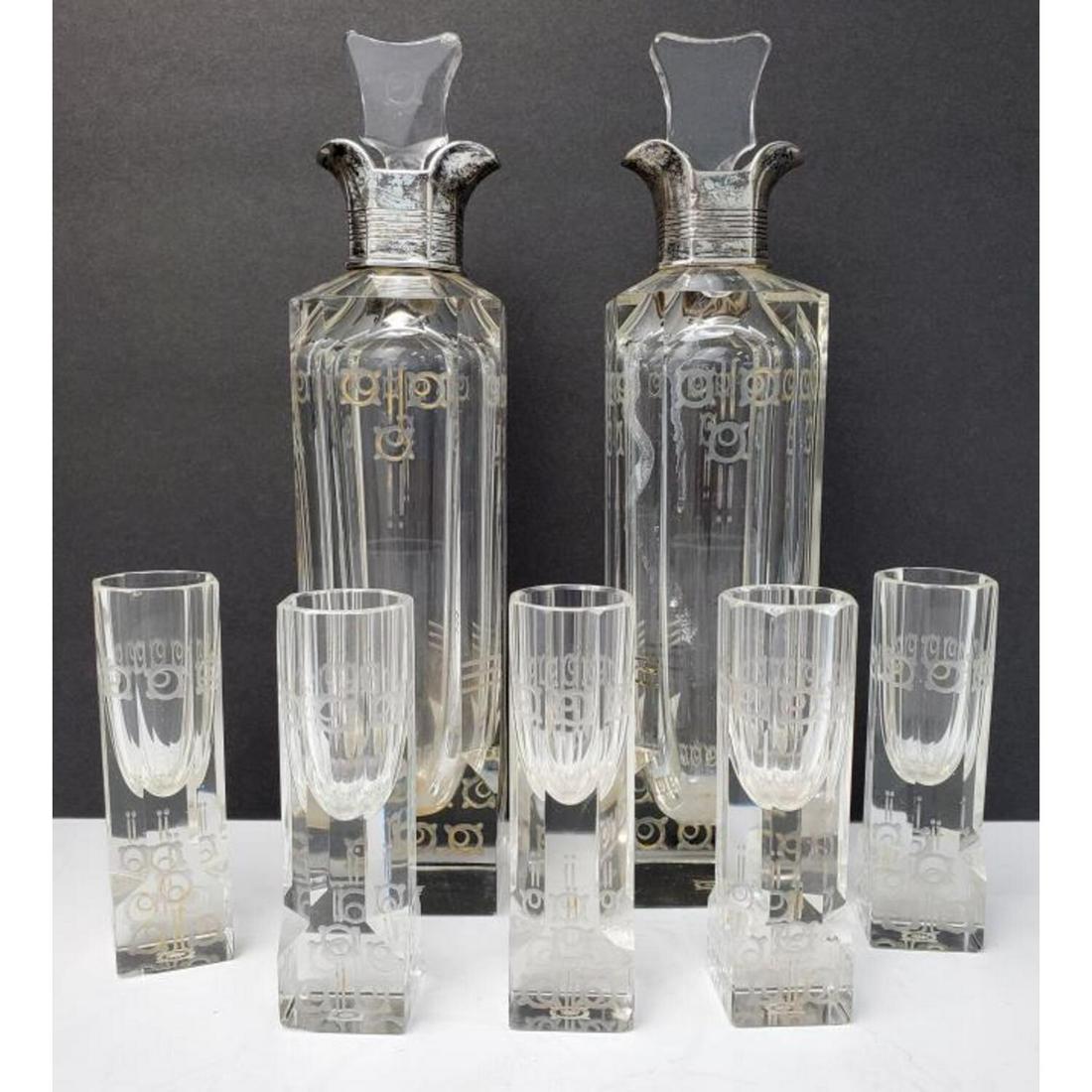 7 Piece Lobmeyr Art Deco Etched Glass Liqueur Set (1 of 5)